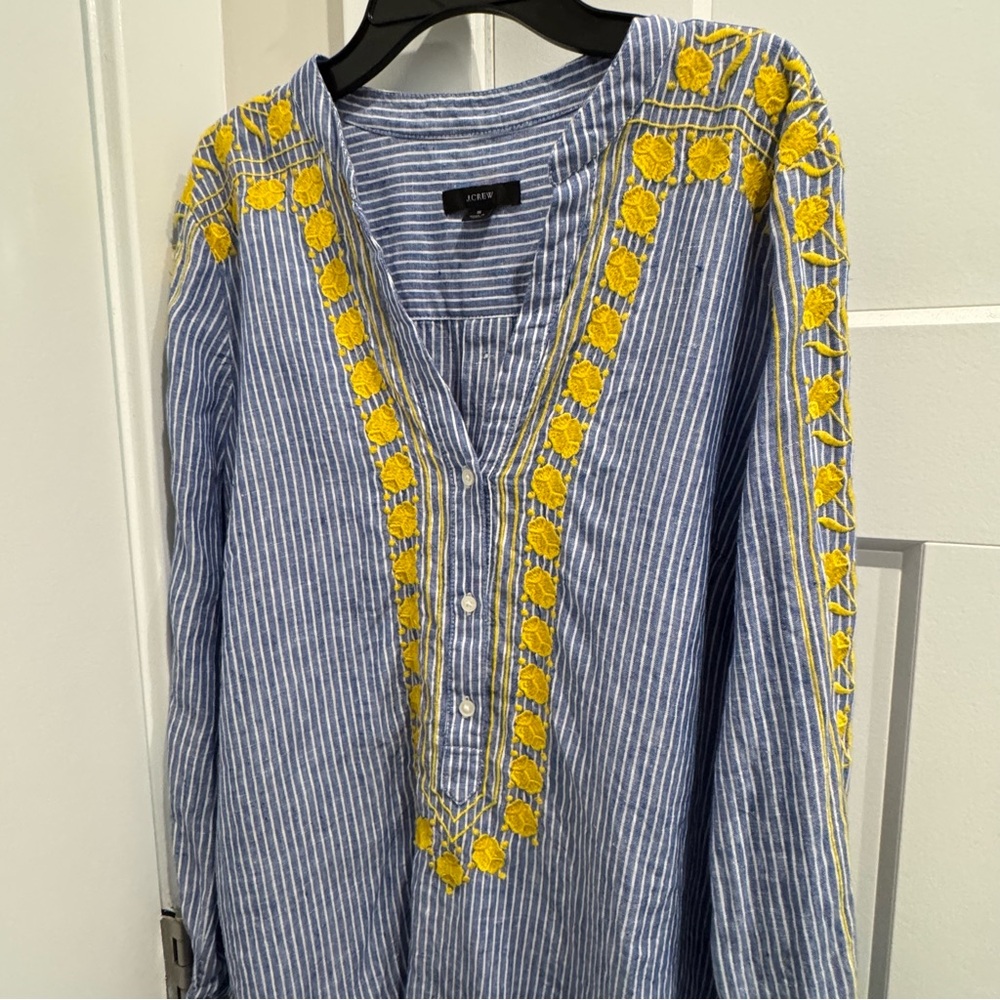 J.Crew Embroidered Blue White Striped 100% Linen Tunic Kaftan Blouse Top Small - Picture 4 of 9